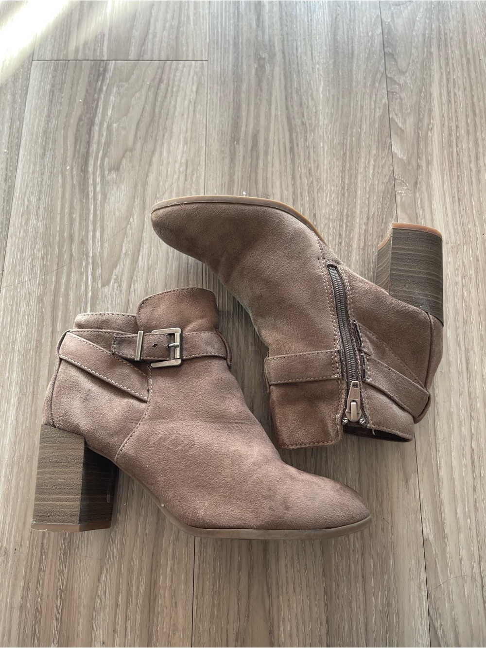 Women's Taupe Suede Ankle Booties with Block Heel